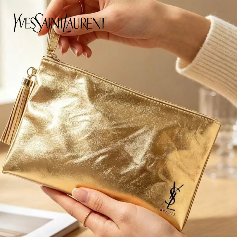 Women Accessories Pouch - กระเป๋าเครื่องสำอาง YSL สีทอง, กระเป๋าอเนกประสงค์กันน้ำแบบพกพา, สำหรับใช้ในชีวิตประจำวันและการเดินทาง, ของขวัญสุดหรูสำหรับผู้หญิง