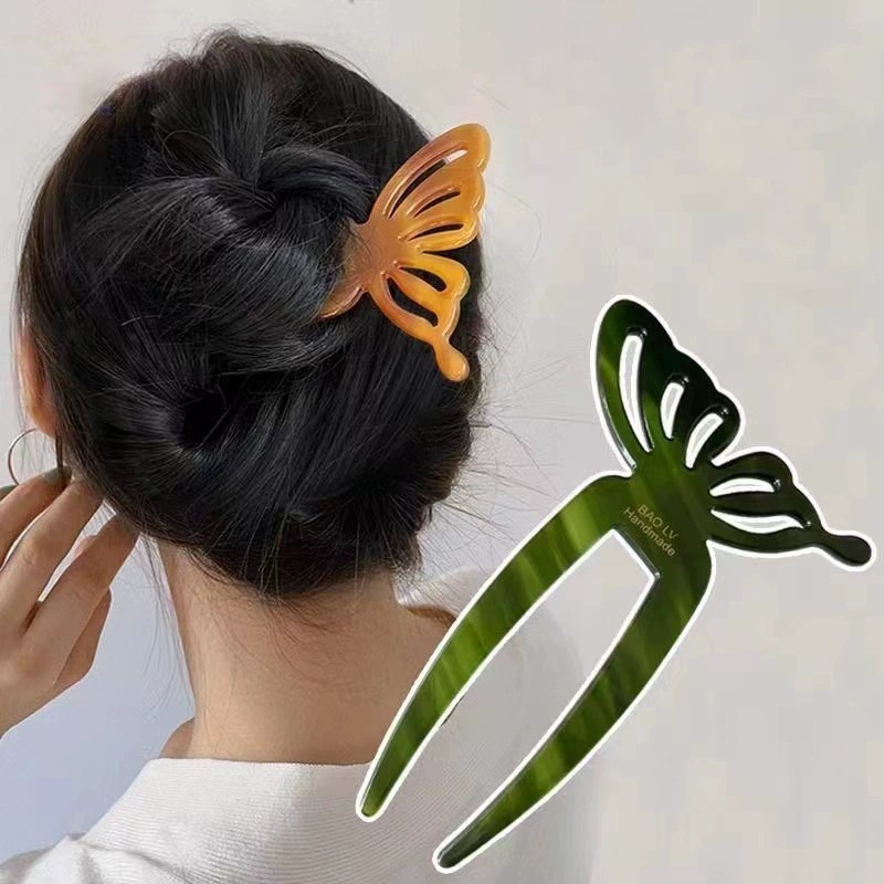 Women Accessories Shop - กิ๊บติดผมรูปผีเสื้อทรงตัวยู ดีไซน์หรูหรา ทำจากกรดอะซิติก เหมาะสำหรับผู้หญิงและเด็กผู้หญิง ใช้จัดแต่งทรงผมและเป็นเครื่องประดับศีรษะ